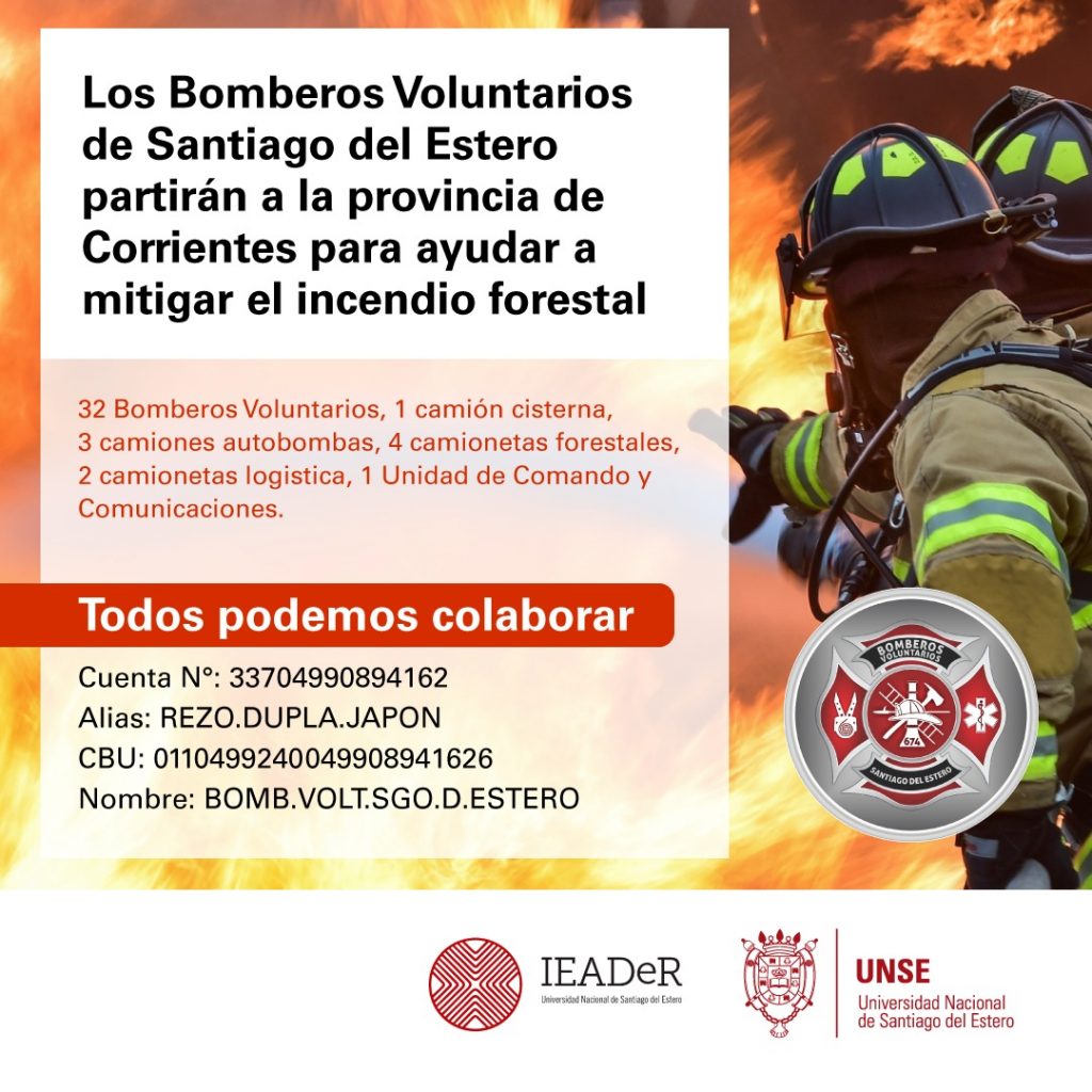 Los Bomberos Voluntarios de Santiago del Estero partirán a la provincia de Corrientes para ayudar a mitigar el incendio forestal